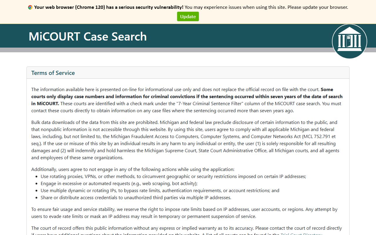 MiCOURT Case Search interface for Berrien County court records after an arrest